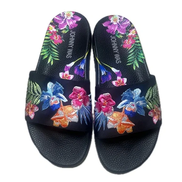 Johnny Was Aruba Pool Slide Embroidered Floral Size 6 - Picture 1 of 8